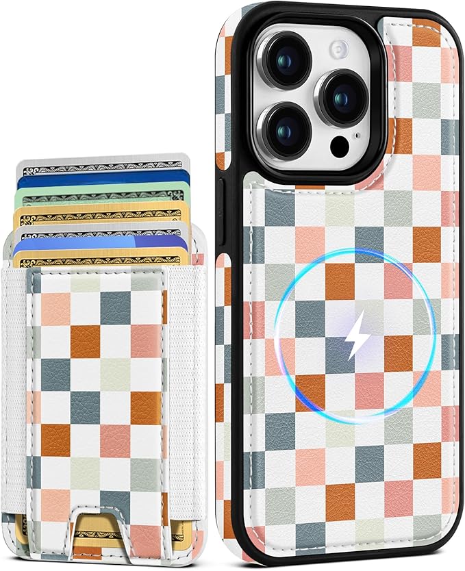 Shorogyt for iPhone 13 Pro Wallet Case - Fits 5 Cards, Compatible with Magsafe Detachable Magnetic Credit Card Holder Leather Cardholder Cute Phone Cover Women Girls for Apple 13Pro, Checkered