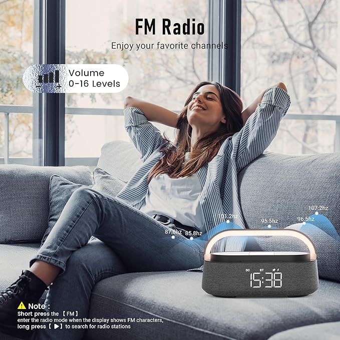 FREEFISH Bluetooth Speaker with Fast Wireless Charger,FM Radio,Touch LED Night Light,Phone Holder,Snooze,Portable Wireless Speaker for Bedrooms Office Home,Gifts (Black)