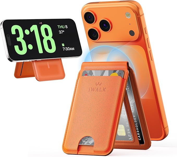 iWALK Stronger Magnetic Wallet, Upgraded for MagSafe Wallet, RFID Blocking, 5 Card Holder with Adjustable Stand, Slim Leather Phone Wallets for iPhone 17/16/15/14/13/12 Series, iPhone Wallets Orange