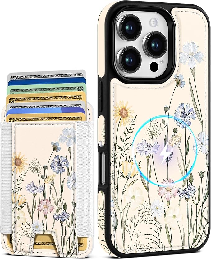 Shorogyt for iPhone 16 Pro Max Case Wallet - Fits 5 Cards, Compatible with Magsafe Magnetic Credit Card Holder Leather Cardholder Cute Phone Cover Women Girls for Apple 16 ProMax, Color Flower
