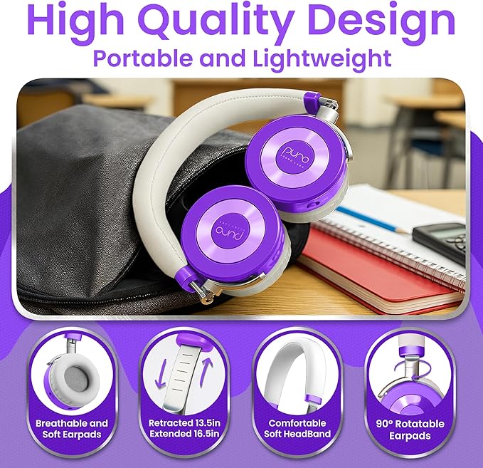 Puro Sound Labs JuniorJam Plus Volume-Limiting Wireless Bluetooth Headphones for Kids, Secure Audio with Adjustable On-Ear Design, 22-Hour Battery Life, Ideal for Tablets, Smartphones & PCs - Purple