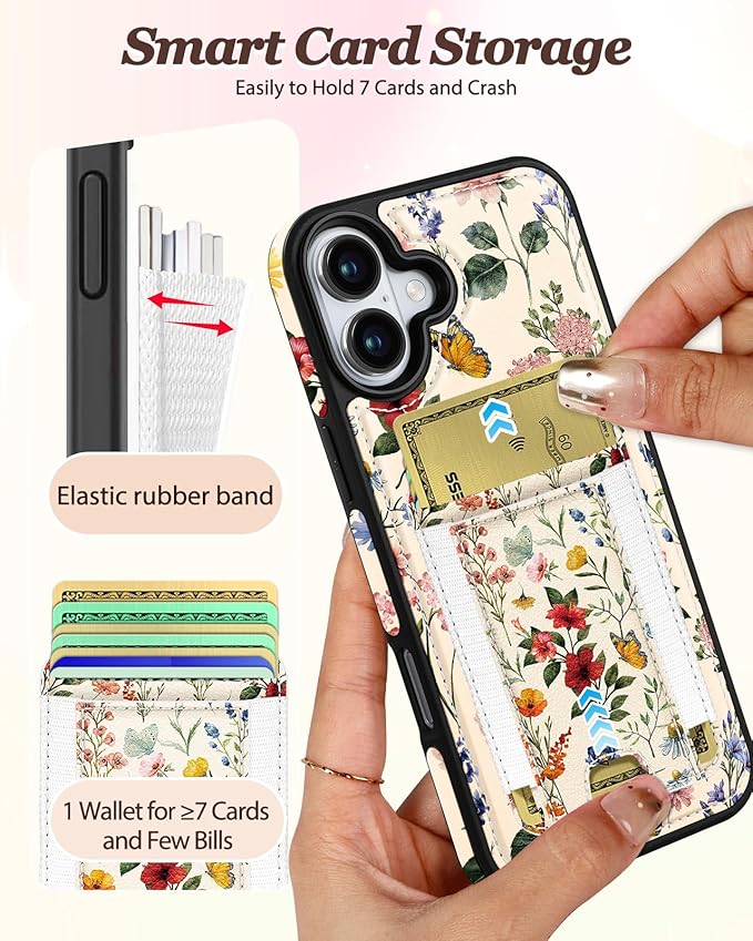 Shorogyt for iPhone 16 Wallet Case - Fits 5 Cards, Compatible with Magsafe Detachable Magnetic Credit Card Holder Leather Cardholder Cute Phone Cover Women Girls for Apple 16, Floral