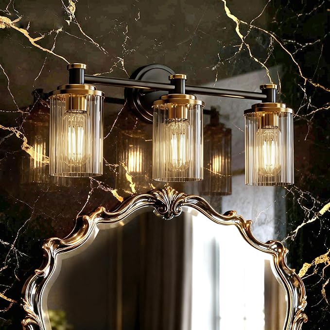 Bathroom Lighting Fixtures Black and Gold Bathroom Vanity Light with Cylindrical Clear Stripes Glass Lampshade E26 Socket Base Bathroom Lighting Fixtures Over Mirror (3 Lights)
