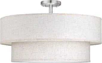 2-Tier 22" Cream Drum Fabric 5 Light Brushed Nickel Semi Flush Mount Ceiling Light for Living Room Dining Room Bedroom Hallway