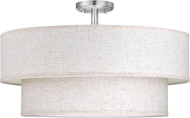 2-Tier 22" Cream Drum Fabric 5 Light Brushed Nickel Semi Flush Mount Ceiling Light for Living Room Dining Room Bedroom Hallway