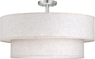 2-Tier 22" Cream Drum Fabric 5 Light Brushed Nickel Semi Flush Mount Ceiling Light for Living Room Dining Room Bedroom Hallway - Image 1