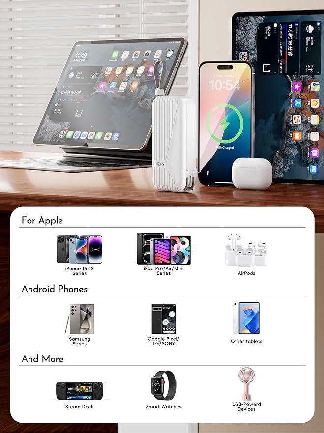 27W Portable Charger with Wall Plug Power Bank for iphone, Portable Charger 10000mAh with Built-in Cables, LED Display and 4 Outputs 2 Inputs Portable Charger for iPhone 17 16 Samsung Galaxy iPad