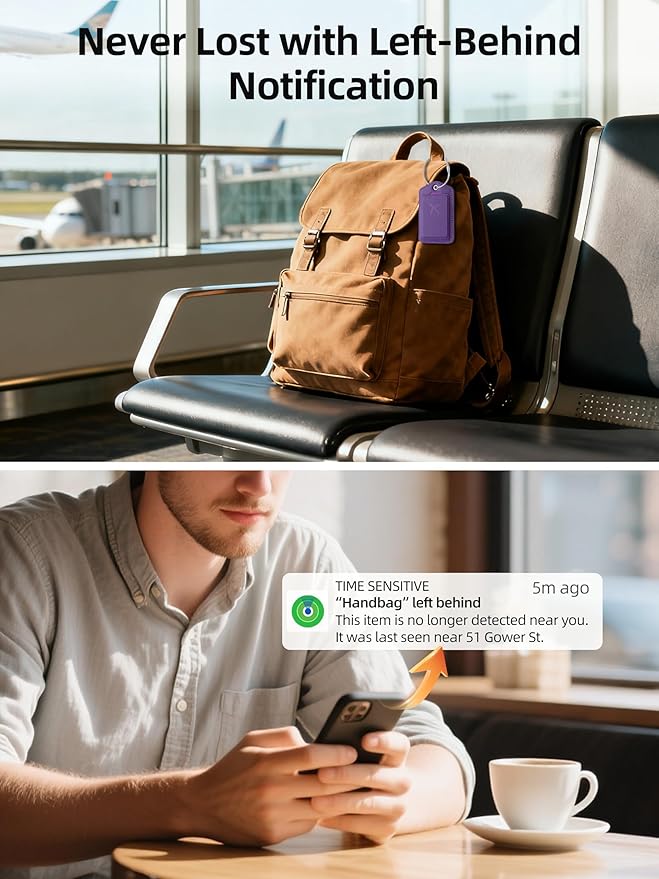 Luggage Tags, Works with Apple Find My, Leather Luggage Tag for Suitcases, Travel Tags, Bag Tag, Suitcase Tag with Privacy Flap, Anti-Lost Smart Luggage Tracker, Travel Essentials, Elegant Purple