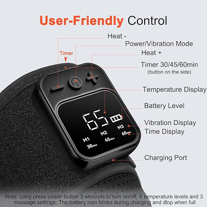 Knee Massager with Heat for Pain Relief V5.0[2025 Upgraded] - Electric Cordless Heated Knee Brace with 6 Heat Levels and 3 Vibration Massage Mode, for Men Women (Black, 1-Pack)