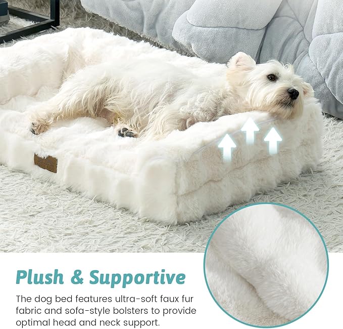 Faux Fur Orthopedic Dog Bed, Dog Bed for Large Size, Supportive Foam Pet Sofa with Waterproof Lining Cover, Washable U-Shaped Pet Couch with Anti-Slip Bottom, Beige L 36x27x6.5 inch