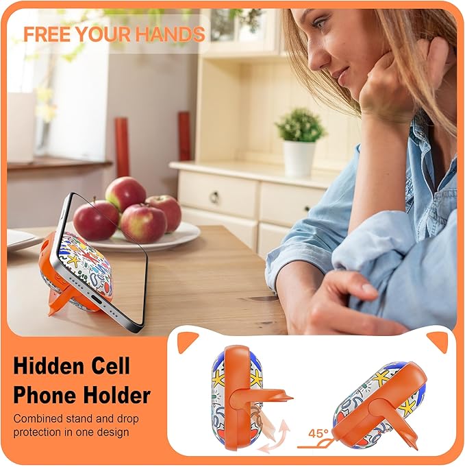 RFUNGUANGO AirPods Pro Case for Women Girly Cat Case with Lock, Phone Stand, Keychain & Cleaner Kit, Compatible with Apple Airpods Pro 2nd/1st Generation Case Cover, Orange Graffiti