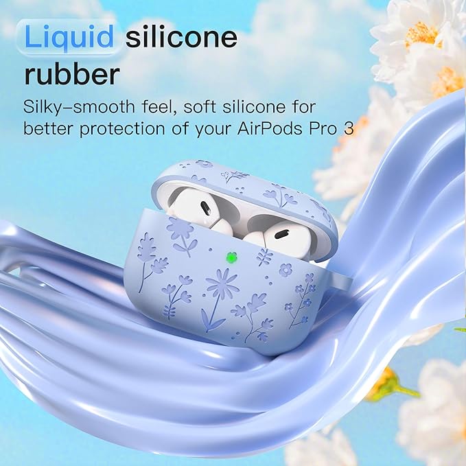for AirPods Pro 3 Case (2025) DamonLight Floral Engraved Shockproof Protective Soft Silicone Case Cover with Cleaning Pen and Floral Keychain for Apple Airpods Pro 3rd Generation (Blue)