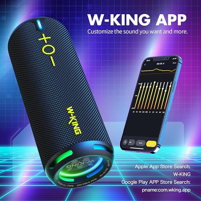 W-KING D320 40W Bluetooth Speaker, IPX7 Waterproof Portable Speaker with Dual Voice Coil, Customized EQ APP, 360 Sound, Party Lights, V5.3, TF/AUX, Black