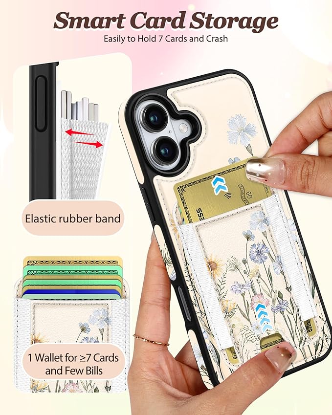 Shorogyt for iPhone 17 Wallet Case - Fits 5 Cards, Compatible with Magsafe Detachable Magnetic Credit Card Holder Leather Cardholder Cute Phone Cover Women Girls for Apple 17, Color Flower