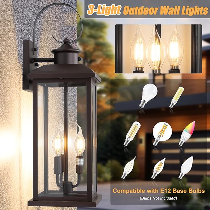 2Pack Dusk to Dawn Outdoor Wall Light Fixture, 24in Bronze Large 3-Light Modern Porch Lantern, Waterproof Exterior Lighting Sconce Wall Mount, Outside Lamp for House Garage Patio E12 Base