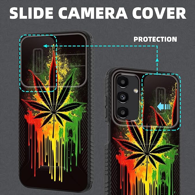 for Galaxy A15 5G Case Built in Slide Camera Lens Cover,Heavy Duty Shockproof Protection Dual Layer Case for Samsung Galaxy A15 5G 6.5 inch 2024,Marijuana Leaf Weed
