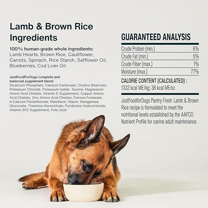 JustFoodForDogs Pantry Fresh Wet Dog Food, Complete Meal or Dog Food Topper, Lamb & Brown Rice Human Grade Dog Food Recipe - 12.5 oz (Pack of 12)