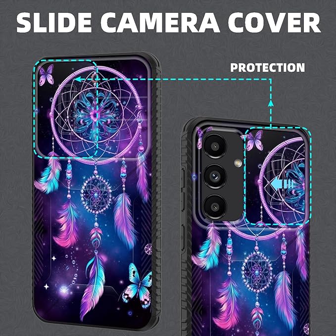 for Galaxy S24 Plus Case Built in Slide Camera Lens Cover,Heavy Duty Shockproof Protection Dual Layer Case for Samsung Galaxy S24 Plus (6.7") 2024,Butterfly Dream Catcher
