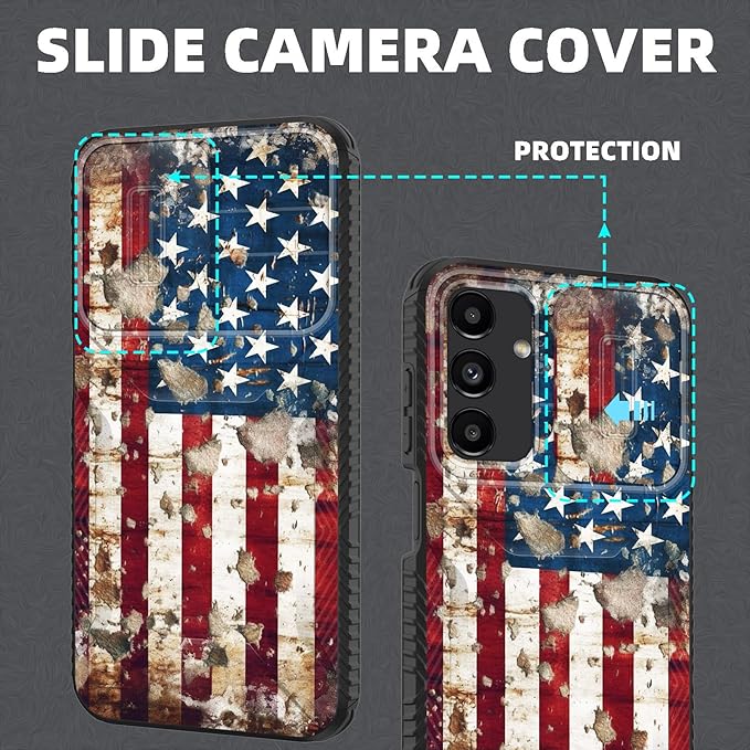 for Galaxy A16 5G Case Built in Slide Camera Lens Cover,Heavy Duty Shockproof Protection Dual Layer Case for Samsung Galaxy A16 5G 6.7" 2024,Rustic American Flag