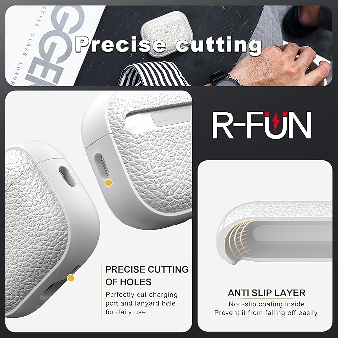 R-fun for AirPods Pro 3 Case 2025, Soft TPU (Leather-Like Design) Drop Protection Cover for Men and Women with Lanyard and Cleaner Kit, Compatible with Apple AirPods Pro 3rd Generation-White