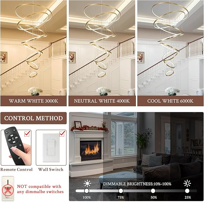 Modern LED Chandelier 8 Rings Dimmable Gold High Ceiling Chandelier Foyer, Large LED Contemporary Pendant Lighting for Staircase Entryway Living Room, D35’’ 3000K-6500K