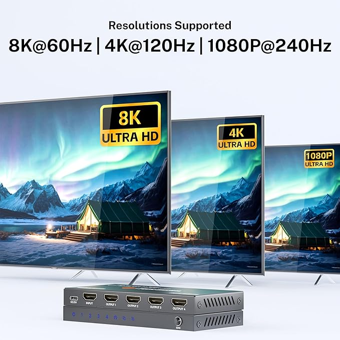 J-Tech Digital 8K HDMI Splitter 1 in 4 Out, HDMI 2.1 1x4 Splitter 8K@60Hz 4K@120Hz 1080P@240Hz, Duplicate/Mirror Screen 3 EDID Modes with Downscaling HDCP 2.3 [JTECH-8KSP14E]