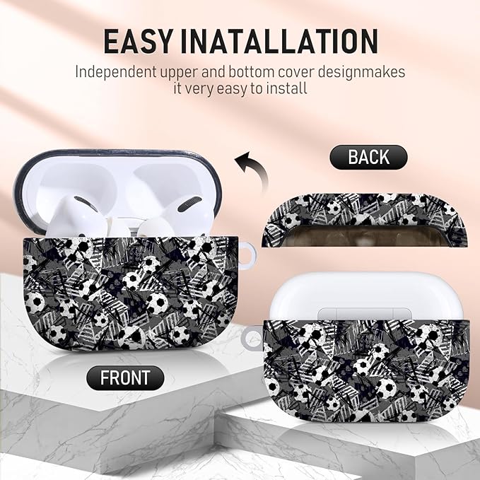 for Airpods Pro Case, Cute Cool Football Pattern TPU Soft Cases for Airpods Pro Case 1st Gen, Shockproof for Airpods Pro 2019 Case Men Women with Cleaner Kit & Keychain, Black