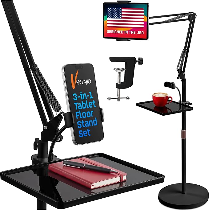 Tablet Floor Stand, 12lb Weighted Base, Tray & Phone Holder, Black