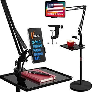 Tablet Floor Stand, 12lb Weighted Base, Tray & Phone Holder, Black