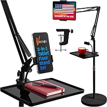 Tablet Floor Stand, 12lb Weighted Base, Tray & Phone Holder, Black