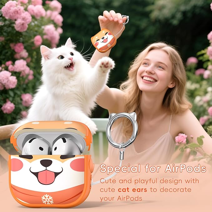 for AirPods 4 Case with Cleaning Kit, Cute Cat Ear Print Design & Cute Buckle, Inverted Phone Holder Design, Top Safe Lock Buckle Design, for Girls AirPods 4 case 2024, Orange Dog