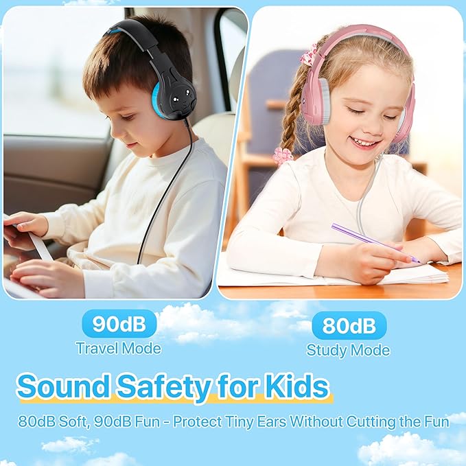 ZIUMIER Kids Headphones, with Microphone, 80/90dB Volume Limiter, Audio Sharing Port, 3.5mm Wired Toddler Headphones for School Travel