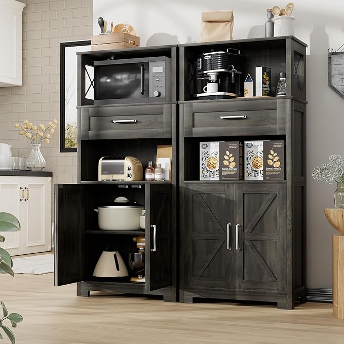 55" Tall Kitchen Pantry Cabient with 2 Microwave Stands, Farmhouse Pantry Storage Cabinet with Barn Doors and Large Drawer, Rustic Freestanding Cupboard for Kitchen and Dining Room (Dark Grey)