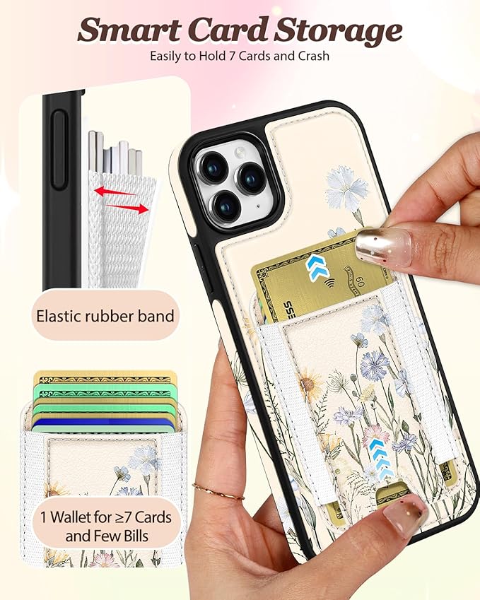 Shorogyt for iPhone 11 Pro Case Wallet - Fits 5 Cards, Compatible with Magsafe Detachable Magnetic Credit Card Holder Leather Cardholder Cute Phone Cover Women Girls for Apple 11Pro, Color Flower