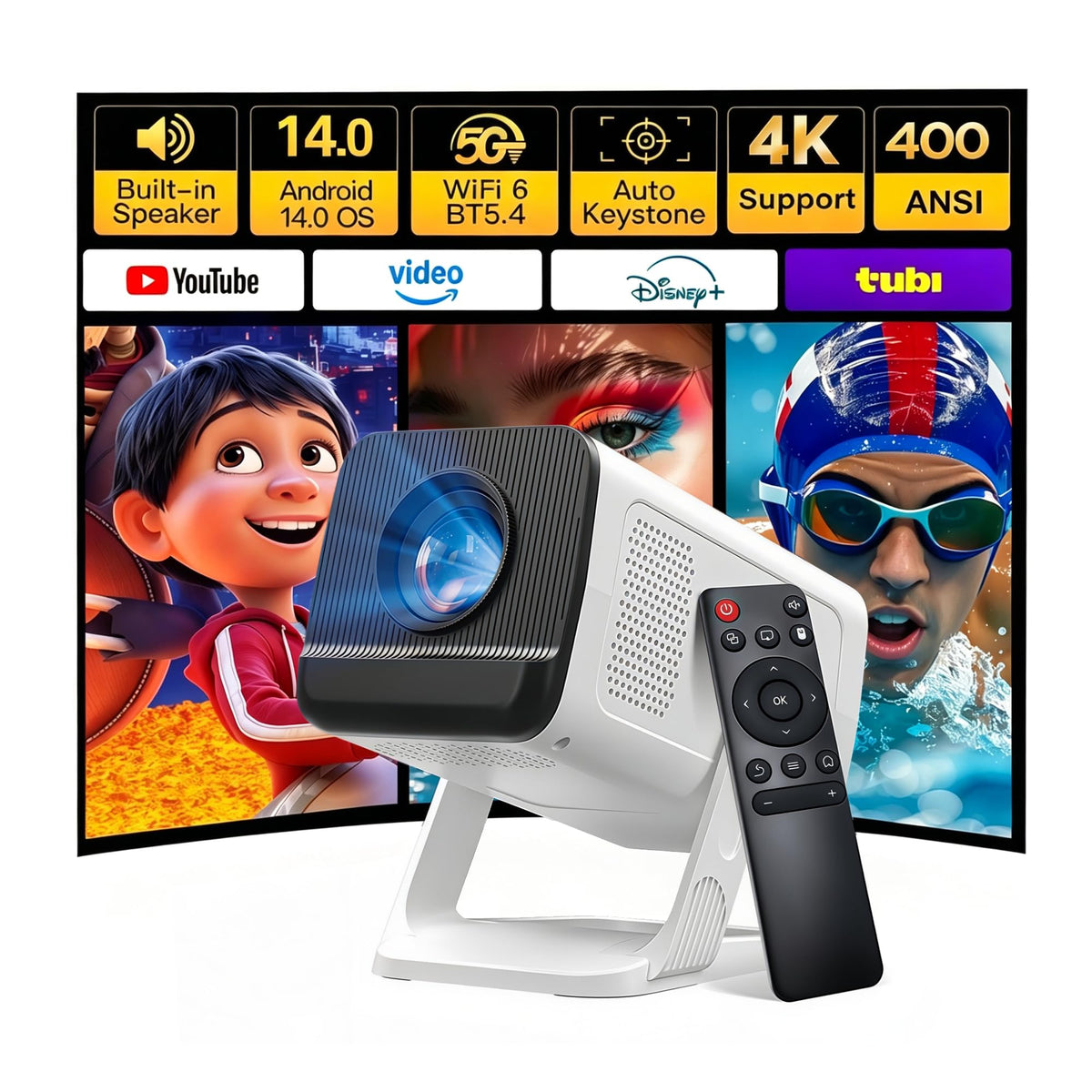 Built-in Apps 1080P 4K Support Mini Projector with Android 14, Phone Remote