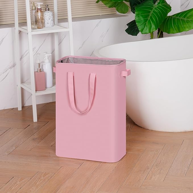 efluky Laundry Basket, Dirty Clothes Basket with Handles, Foldable Laundry Basket for Clothes, Tall Laundry Basket for Laundry Room, Dorm and Bedroom, 12.7 Gallons(48L) Pink, 48HP_24BK