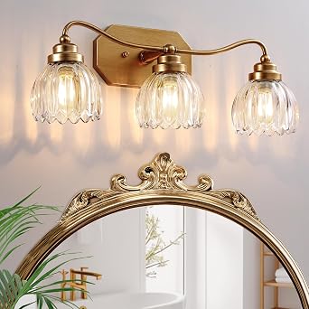 3 Light Gold Vintage Vanity Lights, Antique Brass Finish