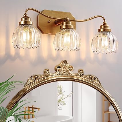 3 Light Gold Vintage Vanity Lights, Antique Brass Finish