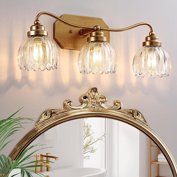 3 Light Gold Vintage Vanity Lights, Antique Brass Finish