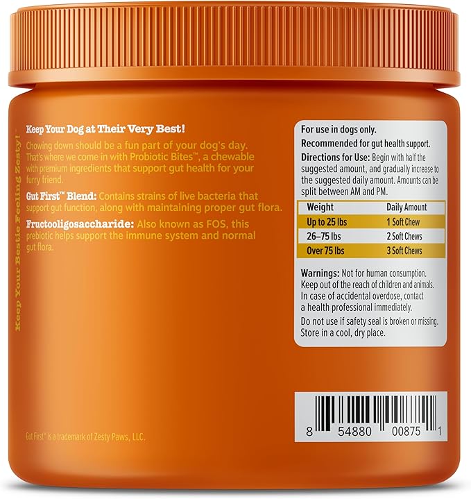 Zesty Paws Probiotics for Dogs, Digestive Enzymes Gut Flora, Digestive Health, Diarrhea & Bowel Support, DE111, Dog Probiotics Soft Chew for Pet Immune System, Chicken, 90 Ct