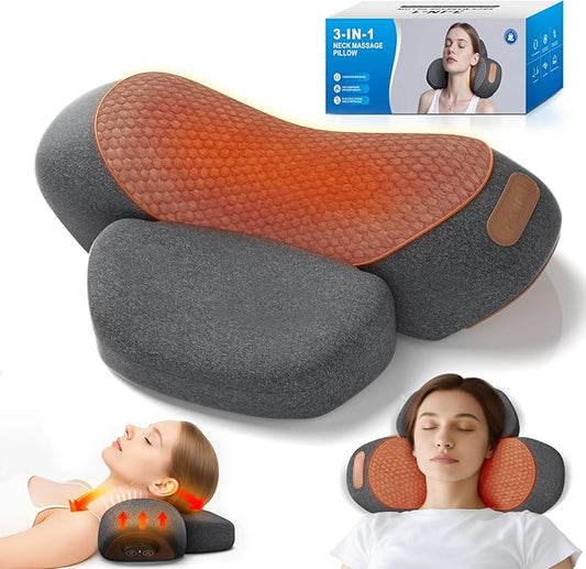 3-in-1 Neck Massager Pillow with Heating and Cervical Traction - Deep Tissue Massage for Pain Relief, Ergonomic Shoulder Massage Pillow, Neck Hump Corrector Ideal Gift for Women and Men Corded