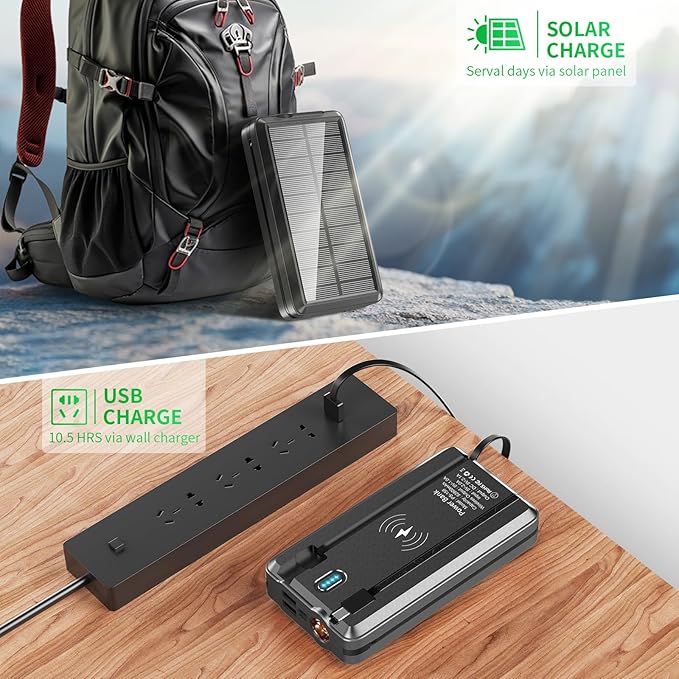 Solar Power Bank 52800mAh 5V/3A Fast Charging Battery Pack with Built in 4 Cables 2 Outputs & LED Flashlight for Cell Phone Camping and Hiking