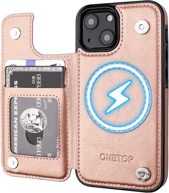 ONETOP Compatible with Magsafe for iPhone 13 Mini Wallet Case with Card Holder, PU Leather Kickstand RFID Blocking Case, Double Magnetic Clasp and Durable Shockproof Cover 5.4 Inch (Rose Gold)