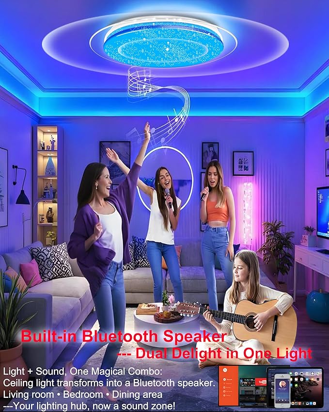 WF-Version LED Ceiling Light with Speaker 40W 15Inch Control via app/Voice/Remote Adjustable Brightness & Color Temperature Ceiling Lamp RGB Ambient Lighting for Bedroom Kids Room and More