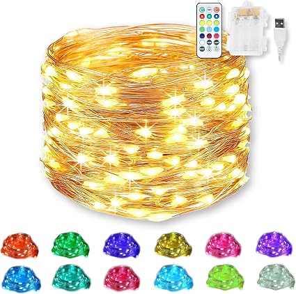 RGB Color Changing Fairy Lights, Battery & USB Powered 20 Ft 60 LED Fairy String Lights with Remote, Waterproof Silver Wire for DIY Indoor Outdoor Christmas Decor-13 Colors