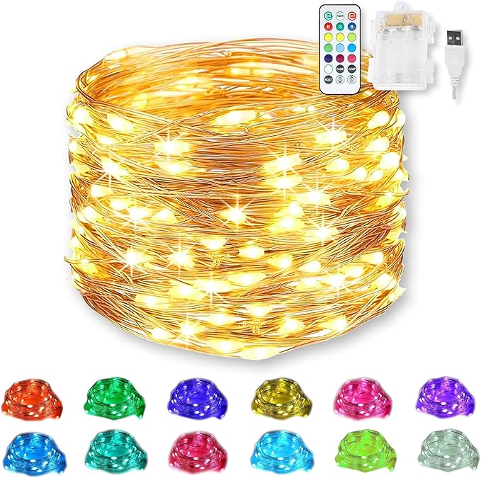 RGB Color Changing Fairy Lights, Battery & USB Powered 20 Ft 60 LED Fairy String Lights with Remote, Waterproof Silver Wire for DIY Indoor Outdoor Christmas Decor-13 Colors