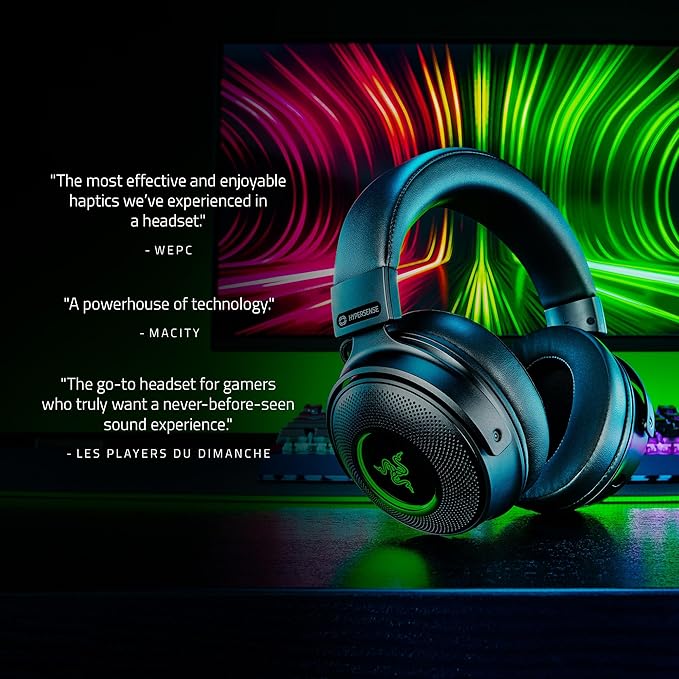 Razer Kraken V3 Pro HyperSense Wireless Gaming Headset w/Haptic Technology: Triforce Titanium 50mm Drivers -THX Spatial Audio - Hyperspeed Wireless - Fabric & Leather Memory foam Cushion (Renewed)
