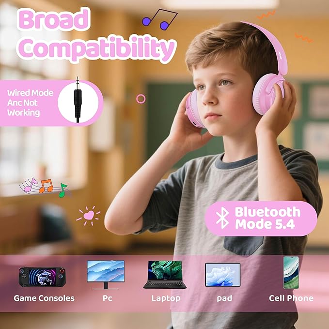 MIDOLA Kids Wireless Headphones Active Noise Cancelling Lightweight Bluetooth Headphone for Kid,Volume Limited 85/94dB Foldable Over-Ear Headset with Mic,68 Hours Playtime,for Toddler Child Pink