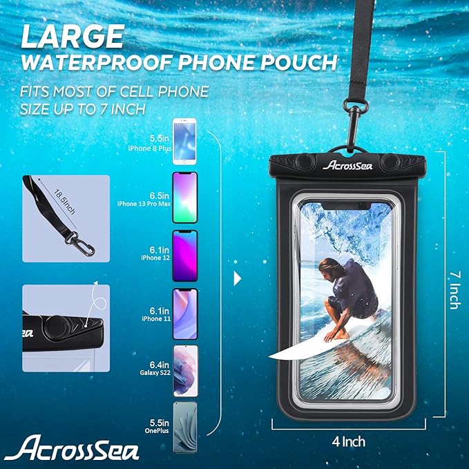 [2 Pack] Waterproof Phone Pouch[Up to 7"], IPX8 Universal Waterproof Dry Bag Underwater Case with Lanyard Compatible with iPhone 13 Pro/12/11/XR/X/8, Galaxy S22, Pixel/OnePlus - Black/White