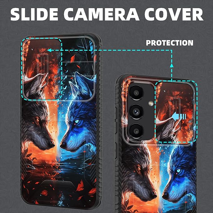 for Galaxy S24 Case Built in Slide Camera Lens Cover,Heavy Duty Shockproof Protection Dual Layer Case for Samsung Galaxy S24 6.2 inch 2024,Cool Wolf